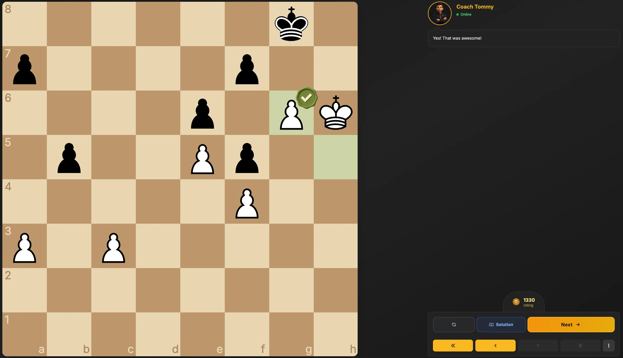 Clean chess puzzle interface showing Elo rating and progress tracking on Chessigma