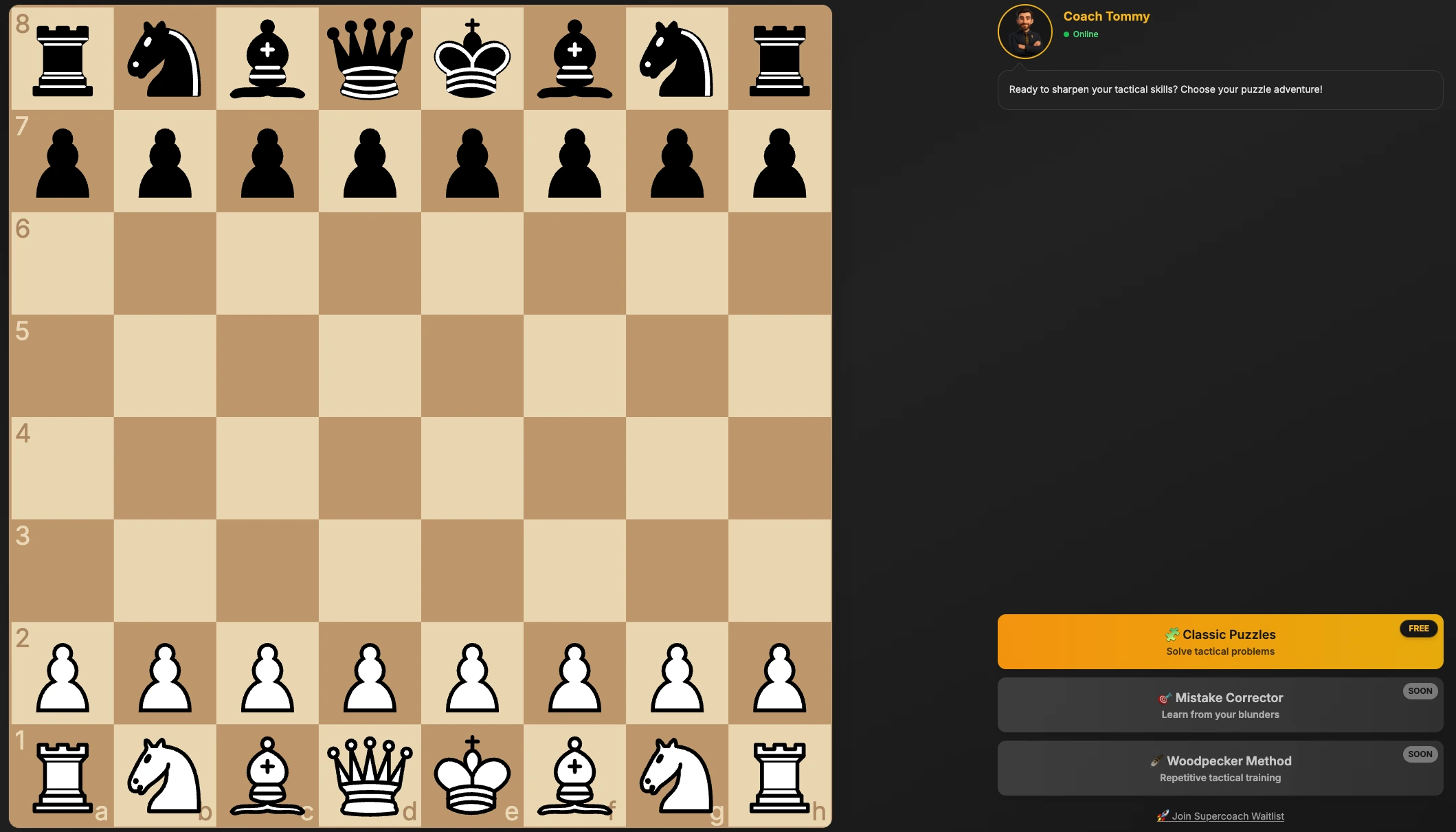 Chess puzzle trainer showing Elo rating progression and unlimited free puzzles